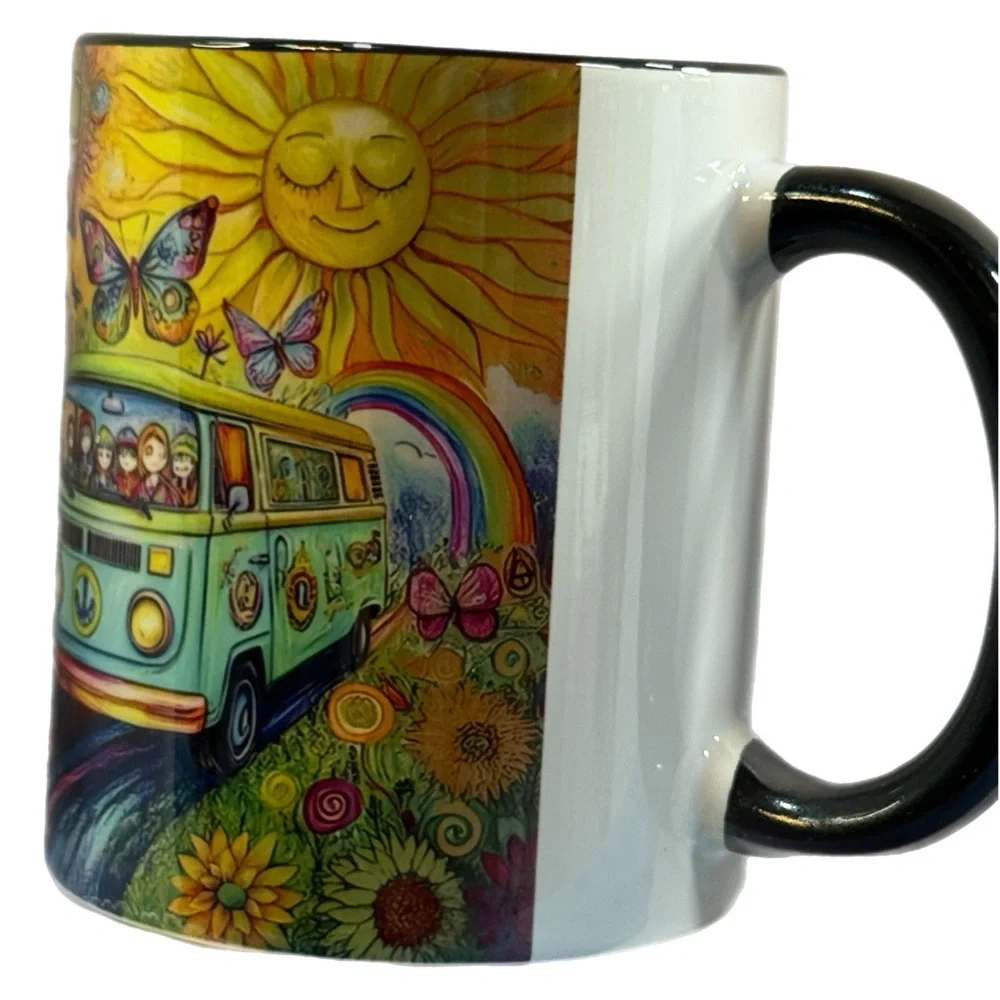 Psychedelic Peace Van Mug - Retro Hippie Art -Rainbow Road Sunflower Ceramic Cup